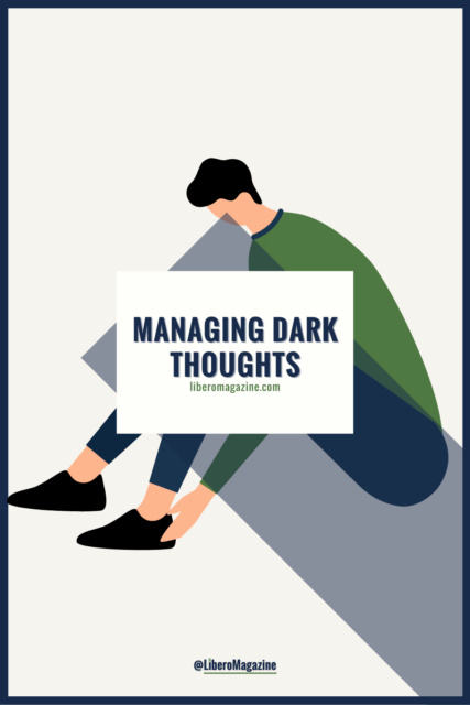 managing dark thoughts pinterest pin - man sitting thinking