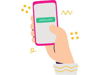 hand holding phone with unfollow button