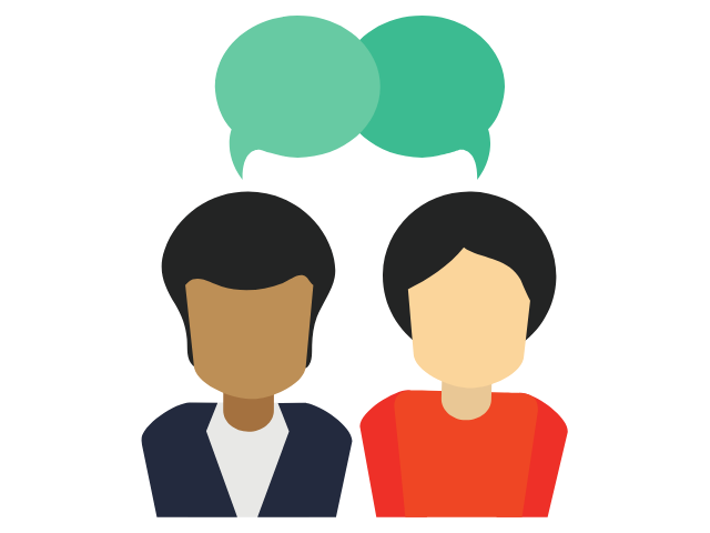 two people with speech bubbles above their heads